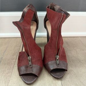 Leila Stone Burgundy and Brown Zipper Heels with Snakeskin Heel Design